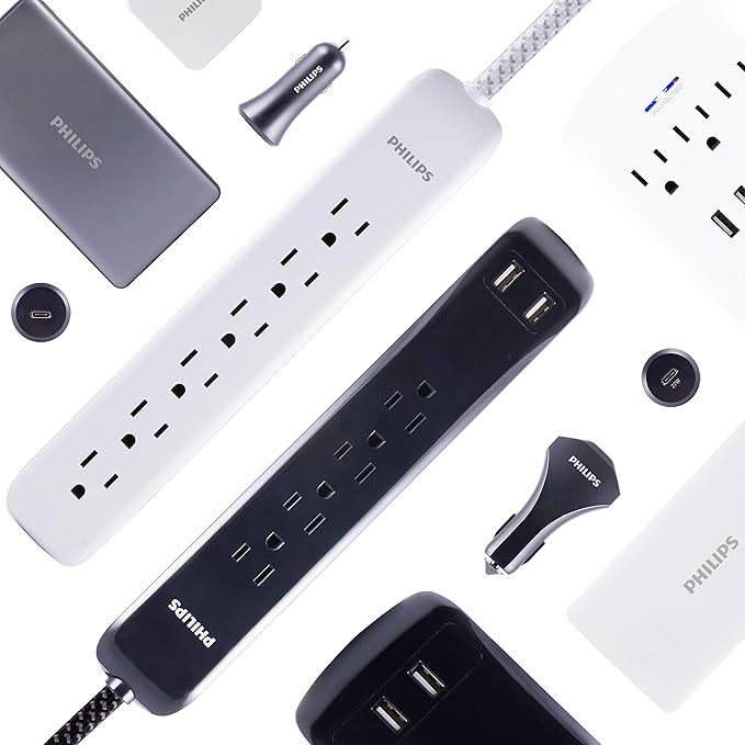 Philips 6 Outlet Surge Protector Power Strip, Designer Braided Power Cord, 10 Ft Power Cord, Flat Plug Extension Cord, Perfect for Office or Home Décor, 1080 Joules, ETL Listed, Black, SPC3064BG/37