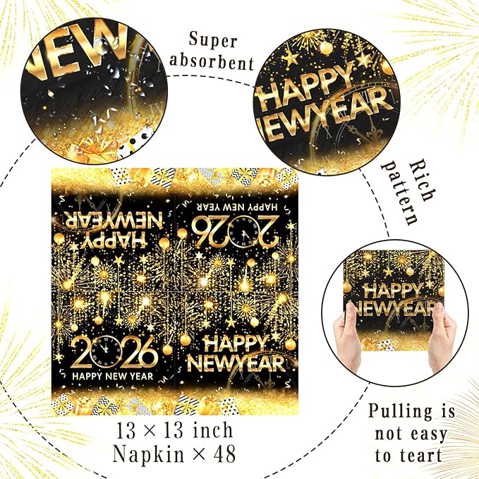 48 Pcs Happy New Year Napkins 2026 New Years Eve Party Supplies Black Gold Disposable New Year Paper Napkin for New Years Table Decorations