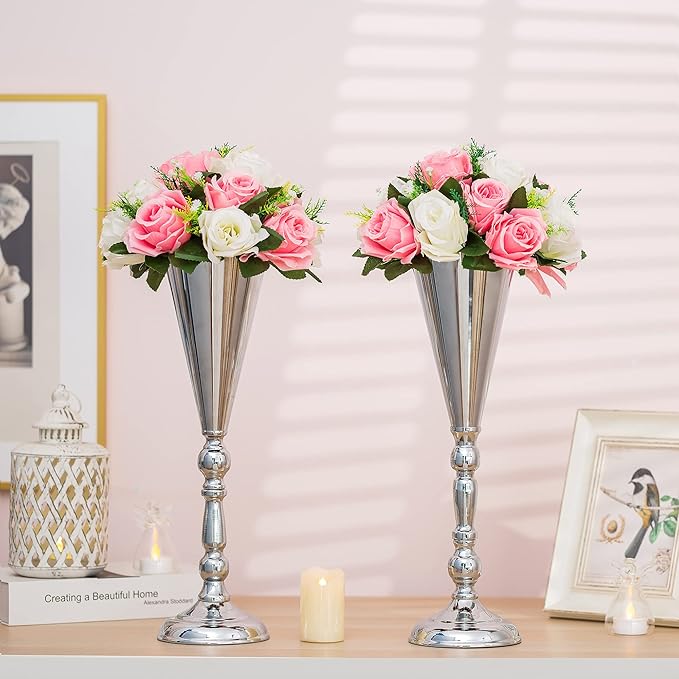 Sliver Vase Centerpiece Table Decorations - 10 Pcs Metal Tabletop Flower Stand, Wedding Decorations for Reception, 16.5in Trumpet Tall Flower Vase for Birthday, Weddings, Anniversary, Home Decor