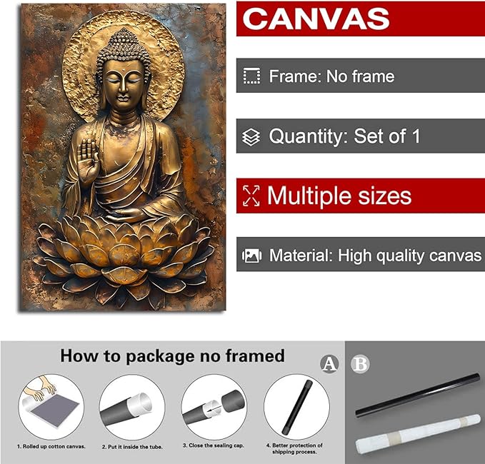 Buddha Wall Art Golden Buddha in Lotus Seat Serene spiritual statue radiant aura Meditation and mindfulness wall art suitable for sacred spaces 20x30in Frameless