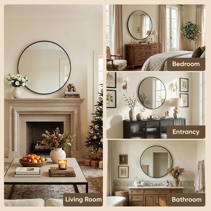 Antok 24 Inch Round Mirror for Wall, Round Bathroom Mirror, Circle Wall Mirrors with Black Metal Frame, Circle Mirrors Suitable for Wall, Bathroom, Vanity, Living Room, Entryway