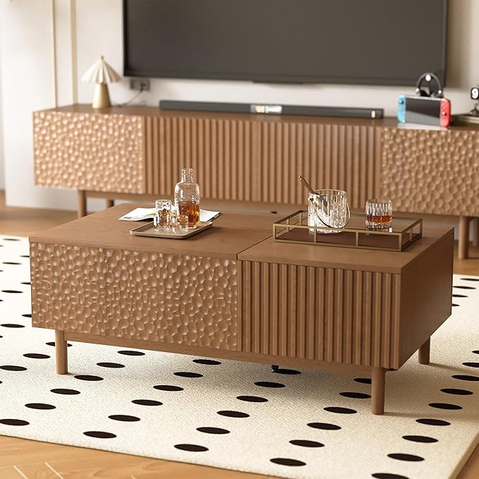NessCarsti 51.1" Mid-Century Modern Lift Top Coffee Table, Walnut Rectangular Center Table with Hidden Storage, Drawers & Sturdy Wooden Legs, for Living Room, Apartment, Office