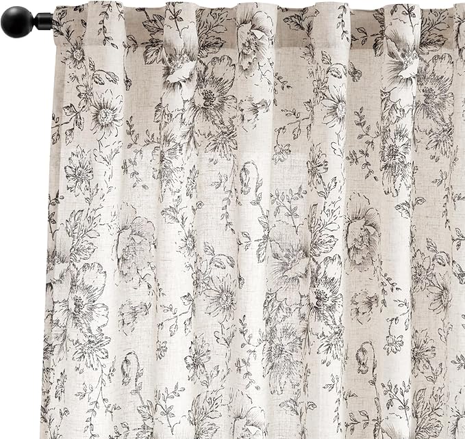 jinchan Linen Blend Curtain Floral Curtains for Living Room 84 Inch Length Farmhouse Curtain Rod Pocket Back Tab Black Printed Peony Flower Patterned Drapes Bedroom Window Curtains Set 2 Panels