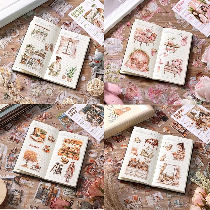Auguro 4 Books for Girls journaling People Stickers for Scrapbooking 480 Pre-Cut Pet Transparent Stickers for journaling Scrapbooking Supplies