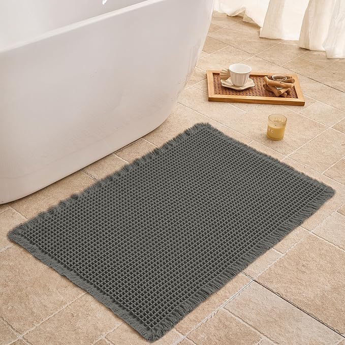 Waffle Bath Mat Non Slip, Boho Bathroom Rug, Super Absorbent Quick Dry Bathroom Mat, Soft Farmhouse Bath Rug with Tassels, Small Washable Shower Mats for Floor 24"x36", Dark Grey