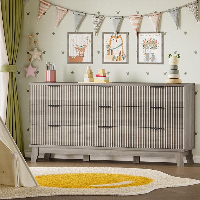 BORNOON 63" Long Dresser for Bedroom, 9-Drawer Fluted Dresser, Extra-Wide Wood Chest of Drawers with Smooth Metal Slides, Stable Base, Modern Clothes Storage Cabinet for Living Room, Hallway, Nursery