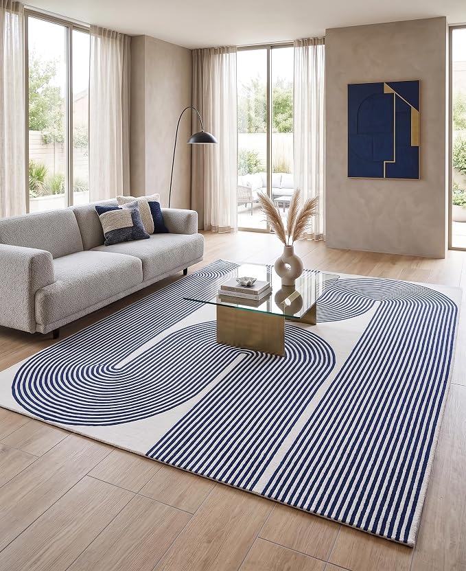 Modern Handmade Wool Area Rug, Abstract Curved Line Geometric Indoor Carpet for Living Room Bedroom, Contemporary Tufted Rug with Soft Pile and Cotton Backing (Royal Blue, 6' x 8')