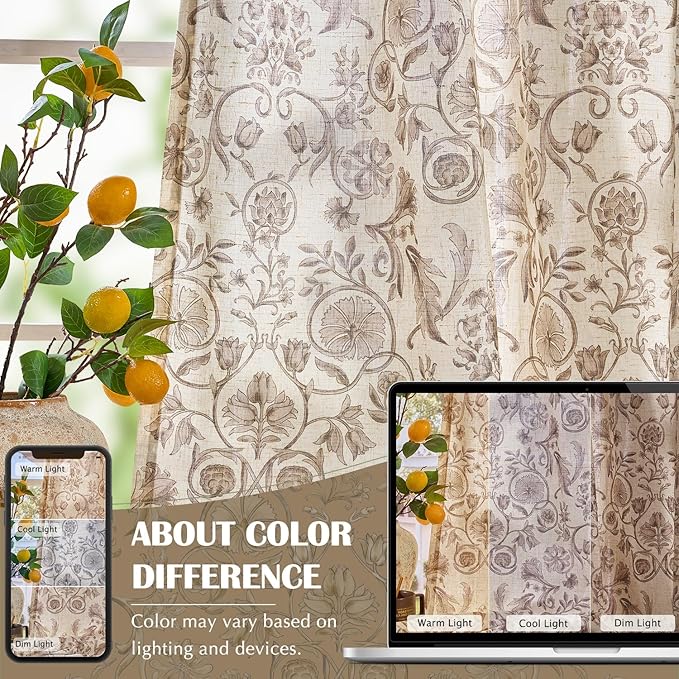 jinchan Linen Floral Curtains for Living Room with Printed Flower 63 Inches Long Light Filtering Farmhouse Window Treatment Vintage Short Drapes Back Tab Rod Pocket 2 Panels Taupe on Beige