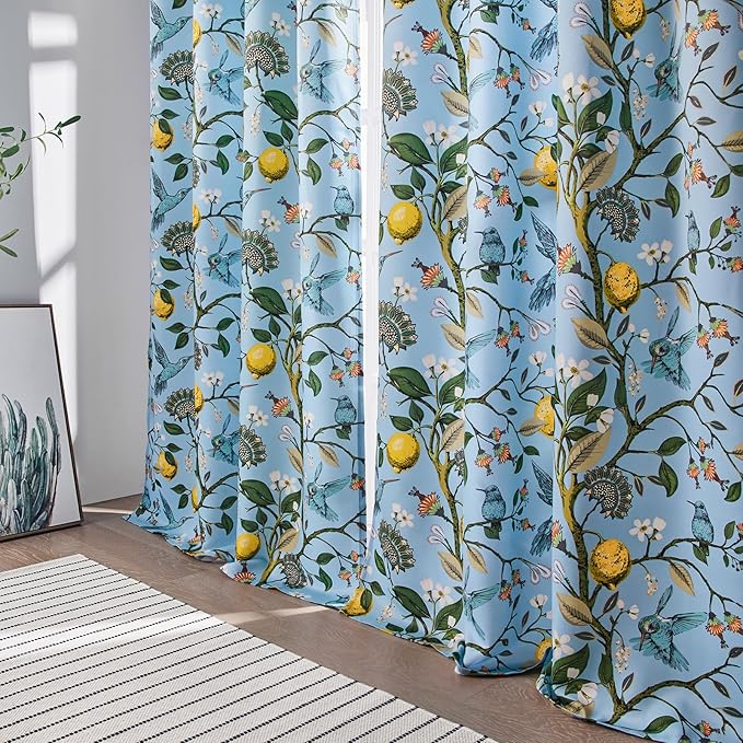 Blue and White Patterned Floral Aesthetic Curtains 84 Inch Length Farmhouse Vintage Pinch Pleated Drapes Birds Luxury 2 Panels for Kid Bedroom Living Room, Chambray Blue