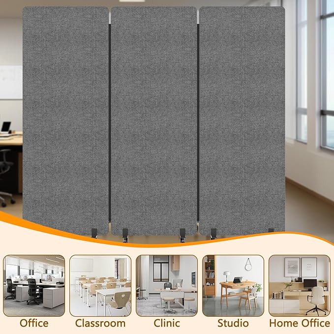 Soundproof Room Divider Panel with Wheels, 66in Portable Office Partition Screen, 3 Panel Temporary Wall Divider for Sound Proof Separation, Cubicle Privacy Panels for Desk (Dark Gray)