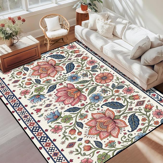 6'x9' Boho Floral Area Rug Vintage Colorful Botanical Carpet Non-Slip Washable Rugs for Bedroom Living Room Nursery Kitchen Playroom Home Decor