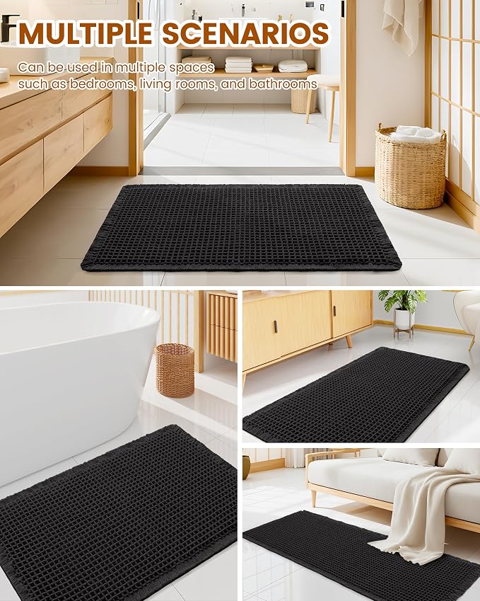 Smiry Waffle Bath Mat 60x24, Extra Soft Absorbent Bathroom Rugs, Non Slip Machine Washable Quick Dry Bath Rugs for Bathroom Floor, Tub, Shower, Home Decor Accessories, Black