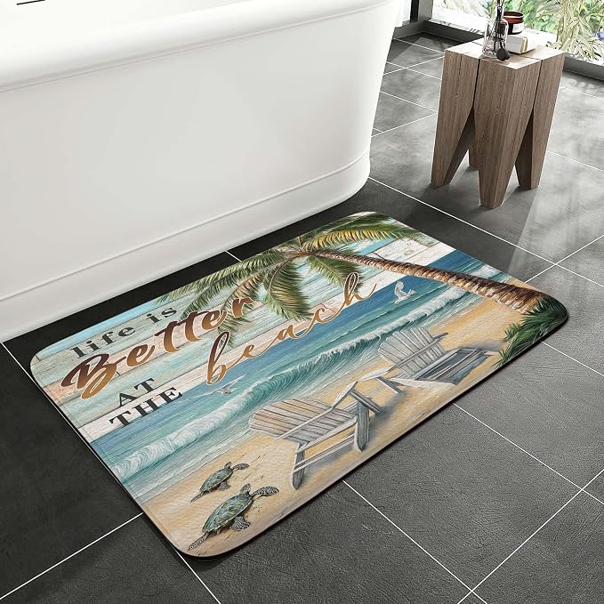 Beach Sea Turtle Seagull Palm Tree Ocean Bathroom Rugs Mat, Non Slip Rustic Beach Bath Rugs for Bathroom, Durable Rustic Wooden Flannel Mat Rug, Absorbent Water Mats for Laundry Room Kitchen,17X29