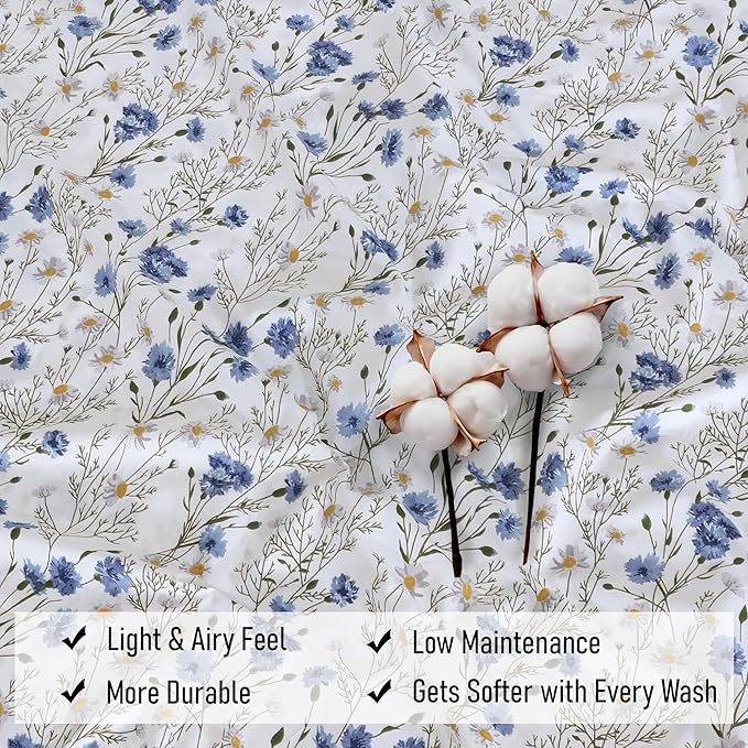 RUVANTI 100% Cotton Sheets Queen Size Set, 4 Pieces, Soft & Breathable Percale Weave Bedding, Deep Pocket 16", Hotel Standard, Crisp Cool Feeling, Durable, Perfect Floral Bed Sheet, Sweet Pea