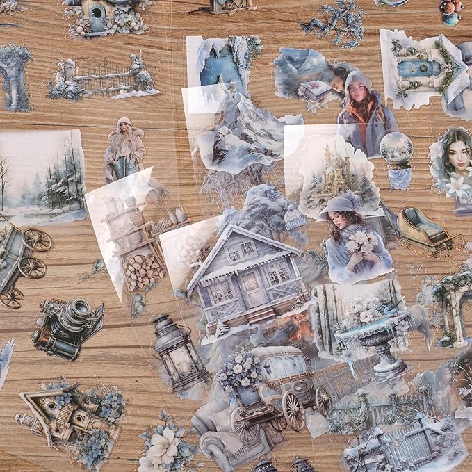 Auguro PET 20 Sheets 120 Pre-Cut Winter Stickers for Scrapbooking People Landscape Stickers Scrapbook Supplies Transparent Sticker for journaling
