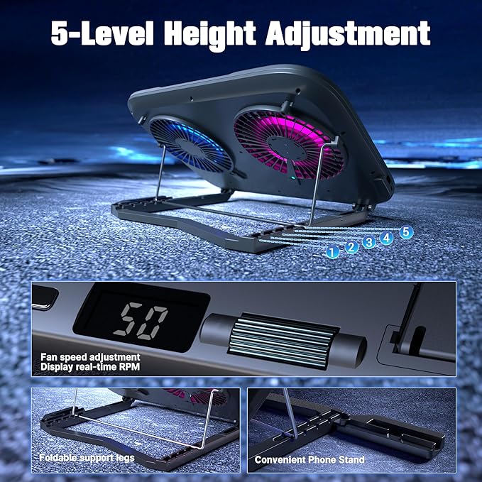 PZT Dual-Core TEC Laptop Cooling Pad with Dual Stepless-Quiet Fans, 5-Height Adjustable Laptop Cooling Stand, 10-Level RGB for 13-17 Inch Laptops, Includes 15W Charger, Smoky Black