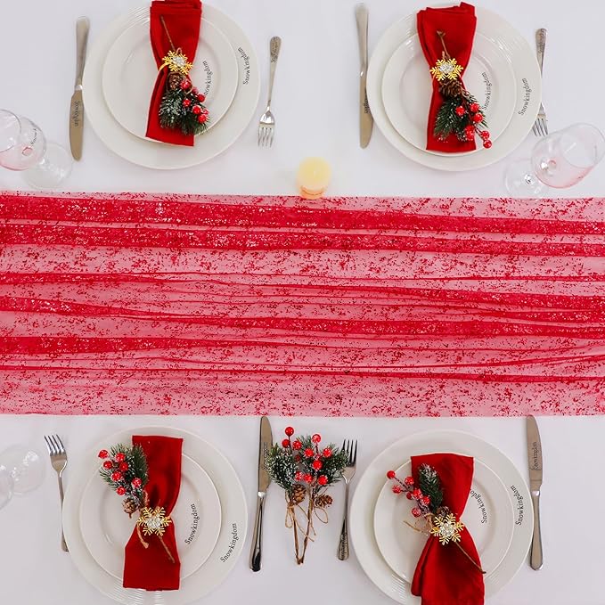 Snowkingdom 6 Pcs Red Glitter Table Runner 10 FT, Sheer Chiffon Sparkle Gauze Cheesecloth Mesh Runners 120 Inch, Red Table Centerpieces Decoration for Birthday Party Wedding Christmas Mothers Day