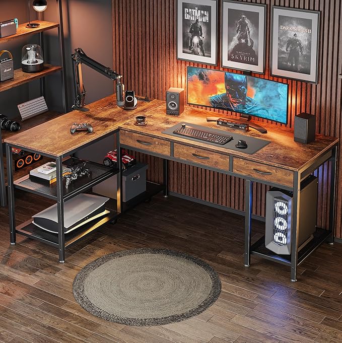 PRAISUN 55 Inch L Shaped Office Desk with Power Outlets and Type-C Port, Large Computer Gaming Desk with 3 Fabric Drawers, Mesh Shelves, Corner Study Work Writing Desk, Rustic Brown