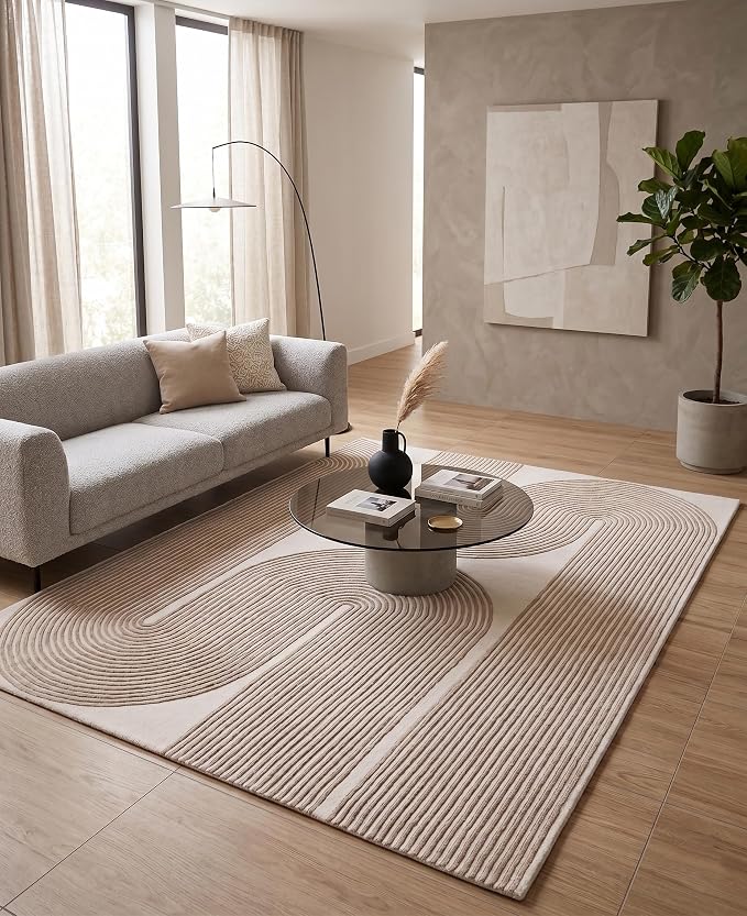 Modern Handmade Wool Area Rug, Abstract Curved Line Geometric Indoor Carpet for Living Room Bedroom, Contemporary Tufted Rug with Soft Pile and Cotton Backing (Sand Beige, 4' x 6')