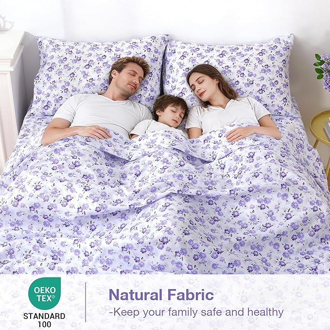 Softan Puple Floral Twin Sheet Set, 3-Piece Microfiber Printed Fitted Sheet with 15" Deep Pockets & Non-Slip Straps, White Flower Patterned Single Bedding Sheets & Pillowcase Set