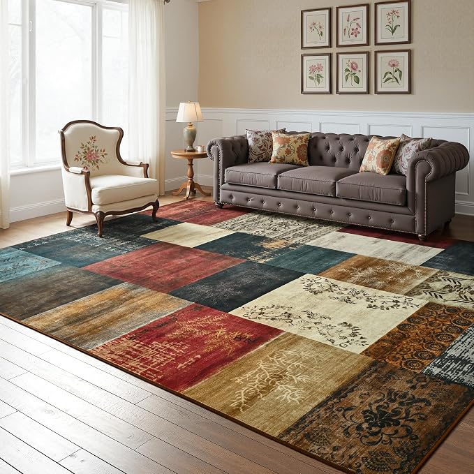 Tepook Modern Area Rug for Living Room, 4x6 Geometric Large Rugs for Bedroom, Washable Patchwork Rug Indoor Non-Slip Throw Carpets for Dining Room Office Farmhouse Home Decor, Multi