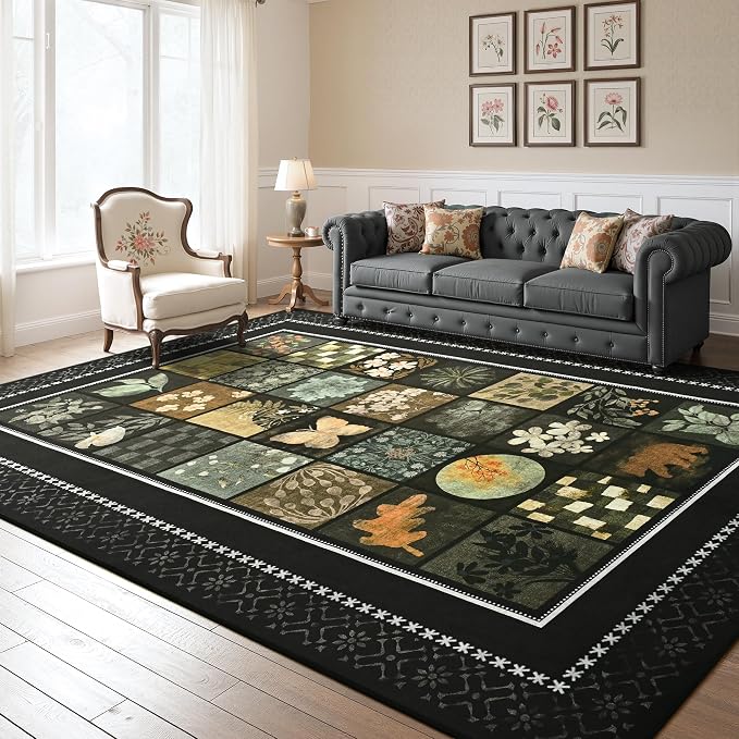 Tepook 6x9 Area Rugs for Living Room, Modern Large Geometric Rug for Bedroom, Washable Patchwork Rug Indoor Non Slip Throw Carpets for Dining Room Office Farmhouse Home Decor, Black