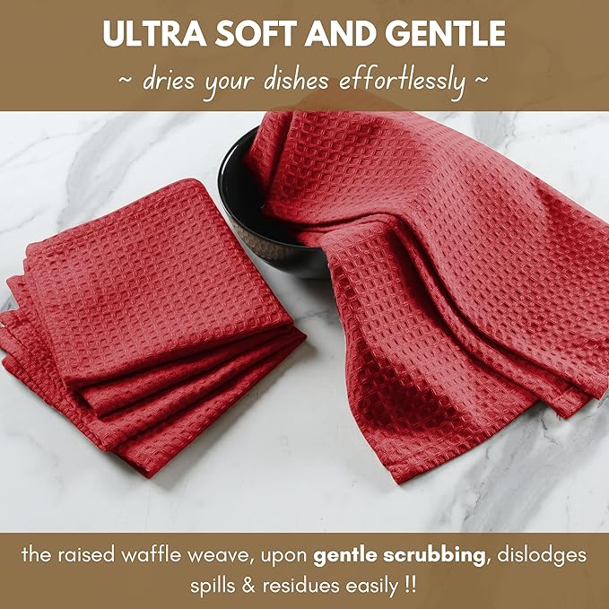 Native Fab 6 Pack Waffle Dish Cloths - 100% Cotton, Absorbent, Quick Drying & Soft Towels for Cleaning, Cooking & Baking - Ideal for Home, Restaurants & Cafes - 12x12 Inches - Red