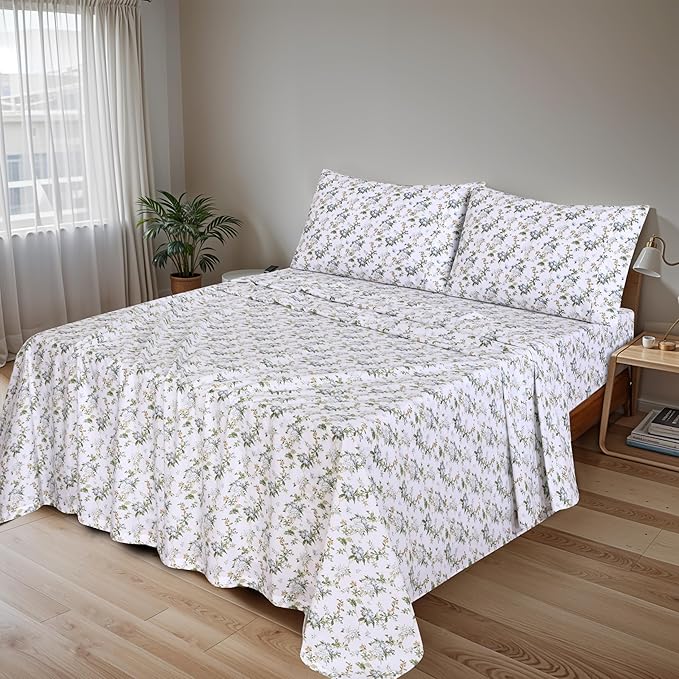 RUVANTI 100% Cotton Twin Sheets Set, 3 Pieces, Soft & Breathable Percale Weave Bedding, Deep Pocket 16", Hotel Standard, Crisp Cool Feel, Durable, Perfect Floral Bed Sheet, Heritage