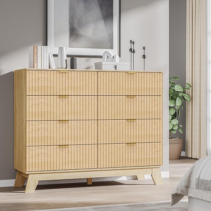 BORNOON Fluted 8 Drawer Tall Dresser, 47.2" Wide Modern Boho Chest of Drawers, Wooden Storage Dresser TV Stand for Bedroom, Living Room, Closet, Hallway, Curved Profile Design