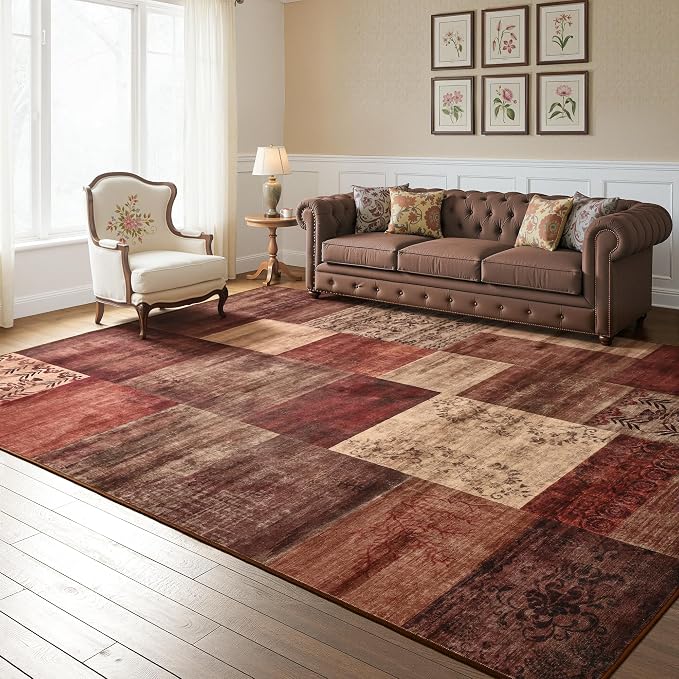 Tepook Modern Area Rug for Living Room, 5x7 Geometric Large Rugs for Bedroom, Washable Patchwork Rug Indoor Non-Slip Throw Carpets for Dining Room Office Farmhouse Home Decor, Red