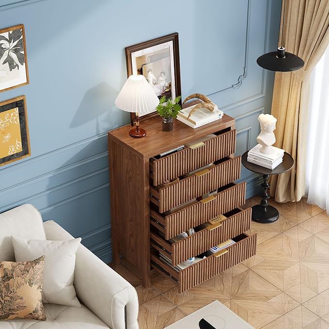 JZXSHD 5 Drawer Dresser, 43" Tall Dresser Organizer TV Drawer Cabinet Modern Wood Storage Cabinet, Modern Wood Storage Cabinet for Bedroom, Hallway, Entryway, Walnut Oak X 2