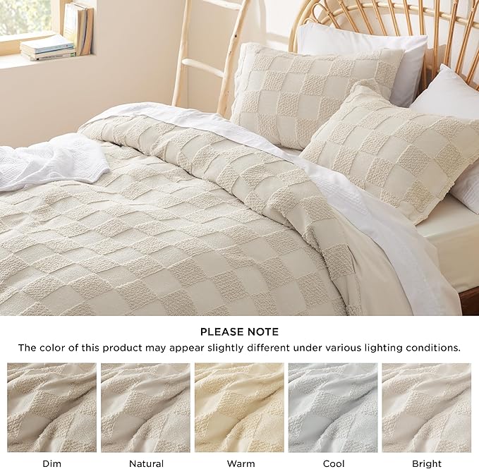 Bedsure Boho Kids Duvet Cover King Size(Duvet Insert/Comforter not Included - Checkered King Duvet Cover for All Seasons, Soft Shabby Chic Boho Bedding (Beige, 104" x 90")