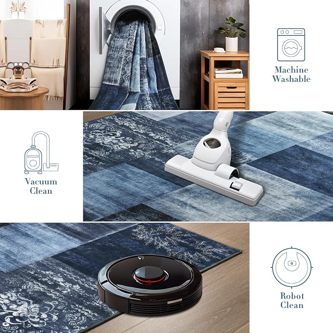 Tepook Modern Runner Rug for Living Room, 2x6 Washable Rugs for Bedroom Hallway, Geometric Patchwork Runner Rug Non-Slip Indoor Throw Carpet for Entryway Kitchen Office Home Decor, Blue