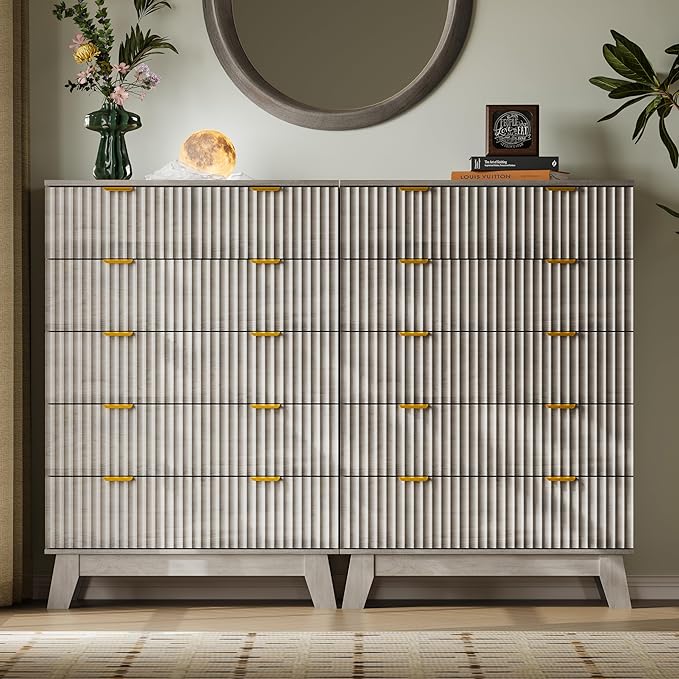 BORNOON 46" Tall Dresser for Bedroom, 6-Drawer Fluted Chest of Drawers, Modern Wood Highboy with Deep Storage, Metal Slides and Handles, Anti-Tip Kit, Vertical Clothes Organizer for Apartment, Nursery