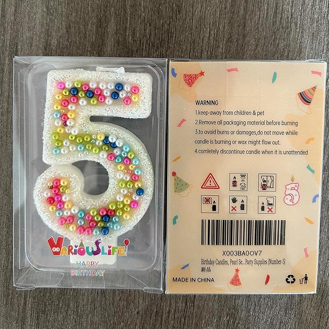 Birthday Candles, Pearl Sequin Number Candle Party Supplies (Number-5)