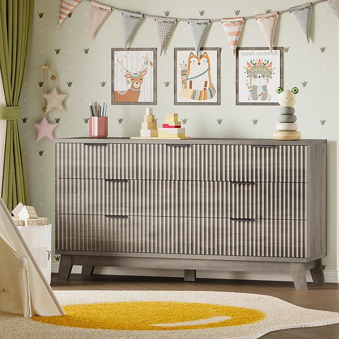 BORNOON 57" Long Dresser for Bedroom, 7-Drawer Fluted Chest, Wide Wood Storage Dresser with Metal Slides and Handles, Stable Base, Modern Clothes Organizer for Primary Suite, Guest Room, Nursery