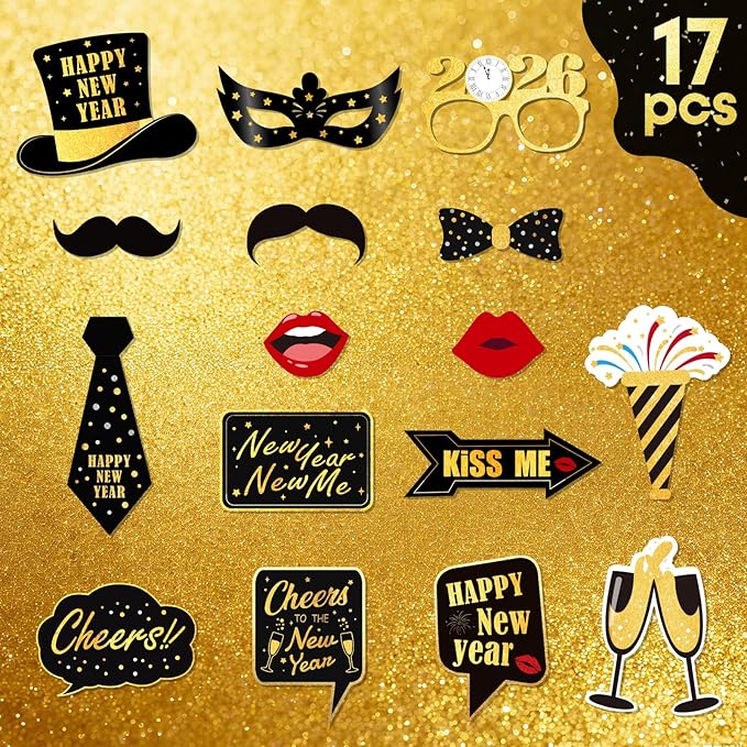 New Years Eve Party Supplies 2026, NYE Photo Booth Props Kit with Glitter Frame, 2026 Glasses & Mustache (Pack of 17)