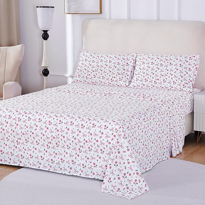 Softan Pink Floral King Bed Sheets, Cozy Microfiber Flower Printed Sheets with 15" Deep Pocket Fitted Sheet & Non-Slip Straps, Patterned Pink Rose - Bow Sheets & Pillowcase Set