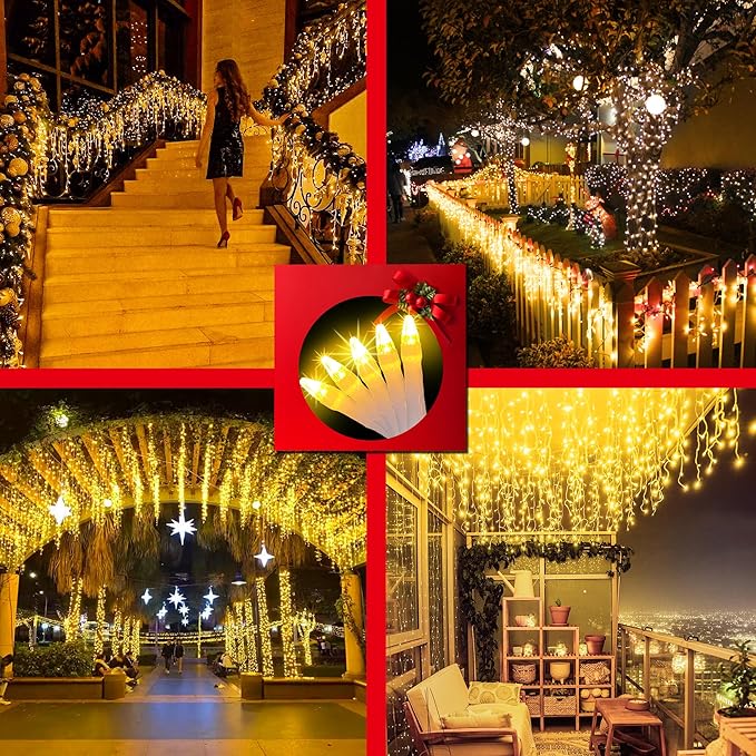 612 LED 60FT Christmas Lights with 136 Drops, 12 Modes Dimmable Warm white Outdoor Hanging Lights with Timer Memory, Waterproof Curtain Lights for Home Bedroom Indoor Tree Window Roof Fence Wedding