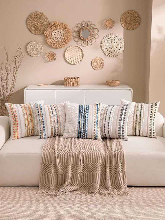 KOOLIFE Fall Boho Chenille Tufted Throw Pillow Covers 18x18 Inch Set of 2 Farmhouse Striped Couch Decorative Pillow Covers Accent Neutral Pillowcase Yellow Orange Cushion Cover for Livingroom Sofa Bed