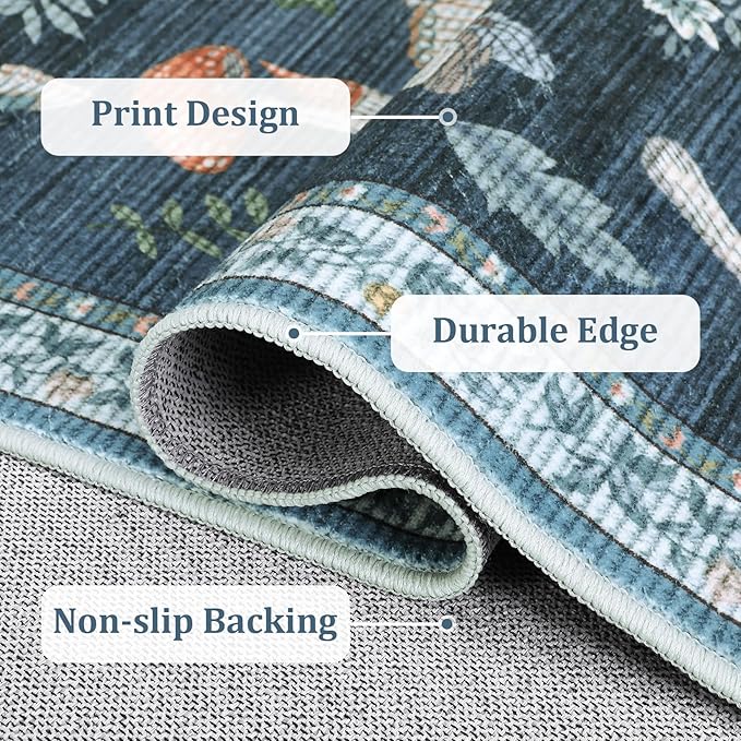 5x7 Washable Mushroom Floral Small Rug Non Slip Living Room Vintage Area Rug Low Pile Soft Bedroom Rugs Non Shedding Kitchen Rugs Boho Retro Indoor Carpet for Kids Nursery Room, Blue