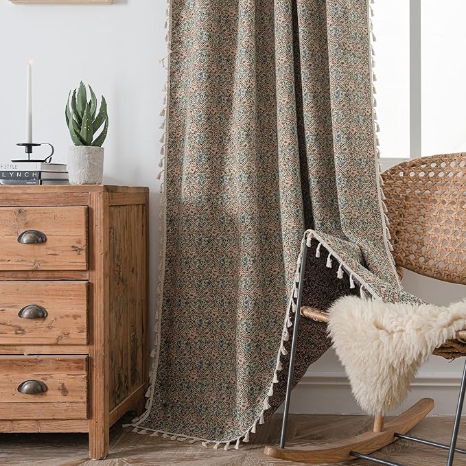 ENJOYBRIDAL Floral Living Room Curtains 96 Inch Long Boho Drapes Jacquard Semi Sheer Bedroom Patterned Window Curtains Farmhouse Country Rod Pocket Aesthetic Tassel 2 Panels Window Treatments