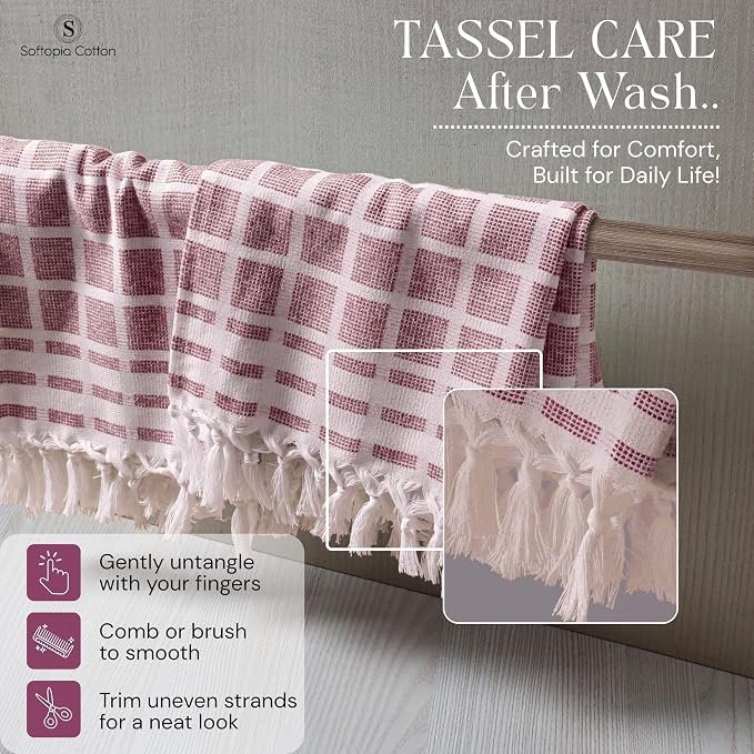 Matrix Dobby Kitchen Towels Set of 4, 100% Cotton, Combo Pack, 16"x26", Absorbent Tea Towels with Tassels, Reusable Cleaning Cloths - Rose Pink, Burgundy, Mustard Yellow, Grey