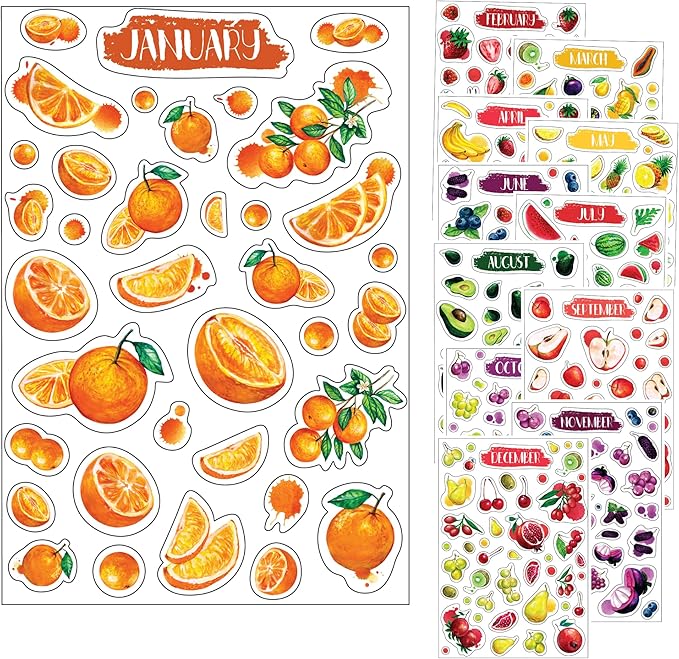Monthly Calendar Planner Stickers - 12 Transparent Sticker Sheets with Beautiful Fruit Illustrations, Undated Calendar Stickers, Supplies for Planners or Bullet Journals