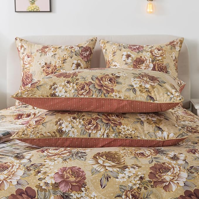 FADFAY Duvet Cover Sets Tan Peony Floral Bedding Shabby Brown Flower Comforter Cover Set Vintage Farmhouse Bedding 100% Cotton Quilt Cover with Hidden Zipper Closure 3Pcs, King/California King Size