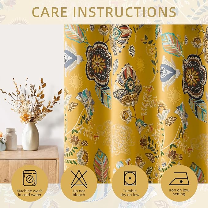 XiDi Mustard Yellow Patterned Blackout Curtains 84 Inches Long Vintage Floral Curtains for Bedroom Living Room 2 Panels Thermal Insulated Grommet Top Luxury Mid Century Colorful Drapes 52x84