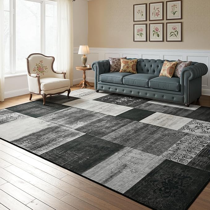 Tepook 8x10 Area Rugs for Living Room, Modern Large Geometric Rug for Bedroom, Washable Patchwork Rug Indoor Non Slip Throw Carpets for Dining Room Office Farmhouse Home Decor, Black and White