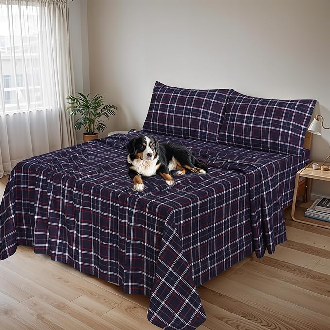 RUVANTI Flannel Sheets Twin XL Size - 100% Cotton Double Brushed Twin XL Sheet Sets, Deep Pockets 16 Inches, All Seasons Breathable & Extra Soft Bed Sheets, Warm & Cozy, 3 Piece, Yankees Blue