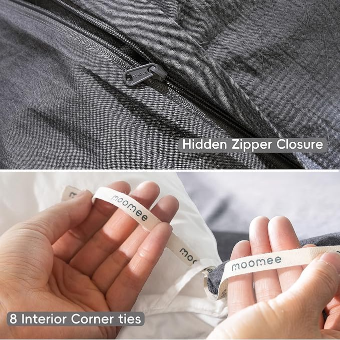 MooMee Bedding Duvet Cover Set 100% Washed Cotton Linen Like Textured Breathable Durable Soft Comfy (Heathered Dark Grey, Full 80"x90")