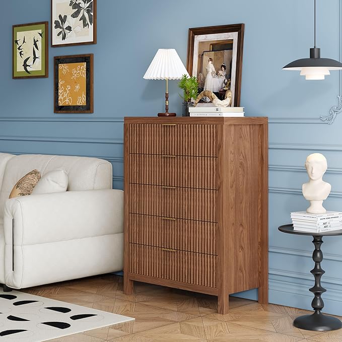 JZXSHD 43" 5 Drawer Dresser Tall Dresser Organizer TV Drawer Cabinet Modern Wood Storage Cabinet, Modern Wood Storage Cabinet for Bedroom, Hallway, Entryway, Walnut